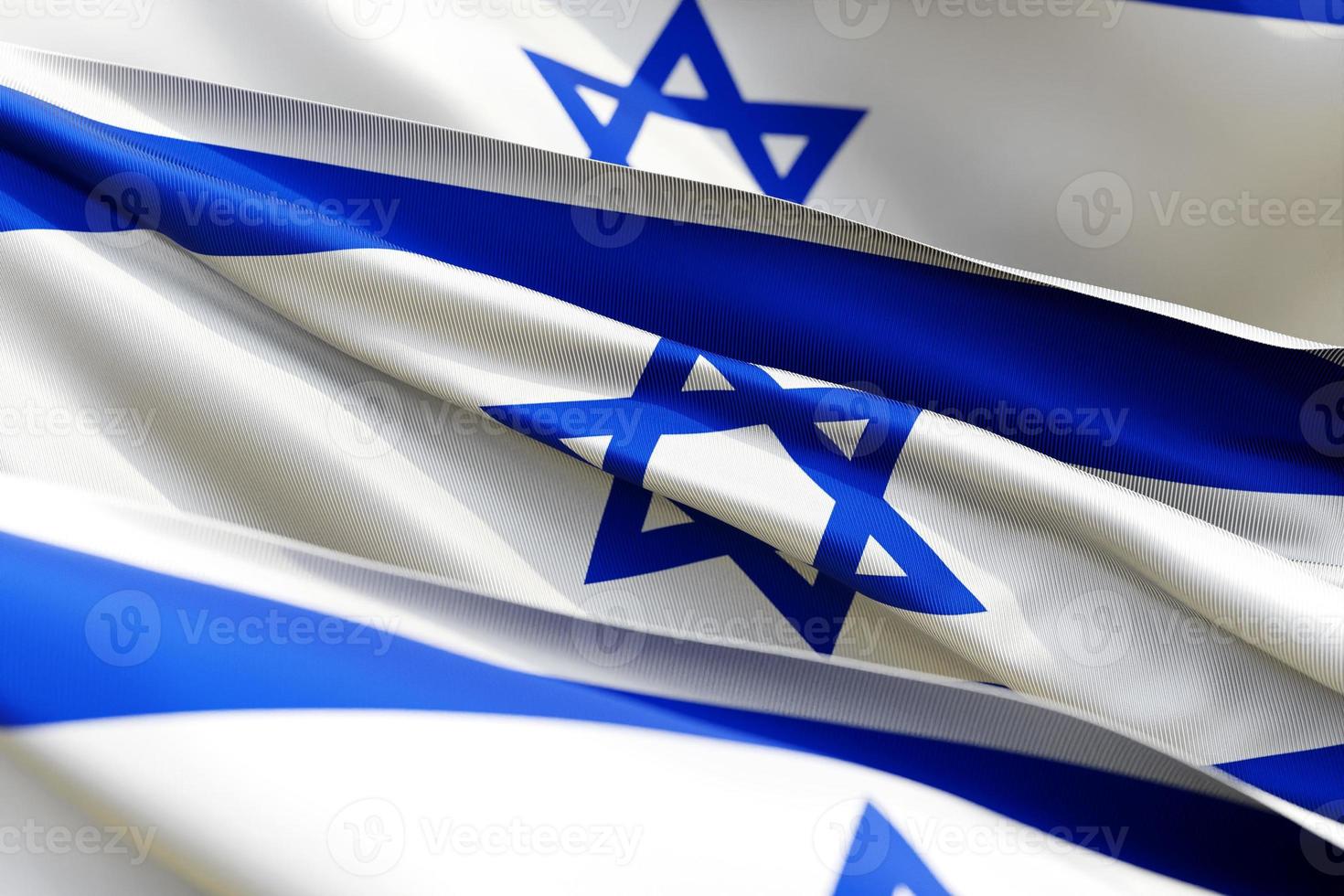 The national flag of Israel from textiles close up in three versions, soft focus photo