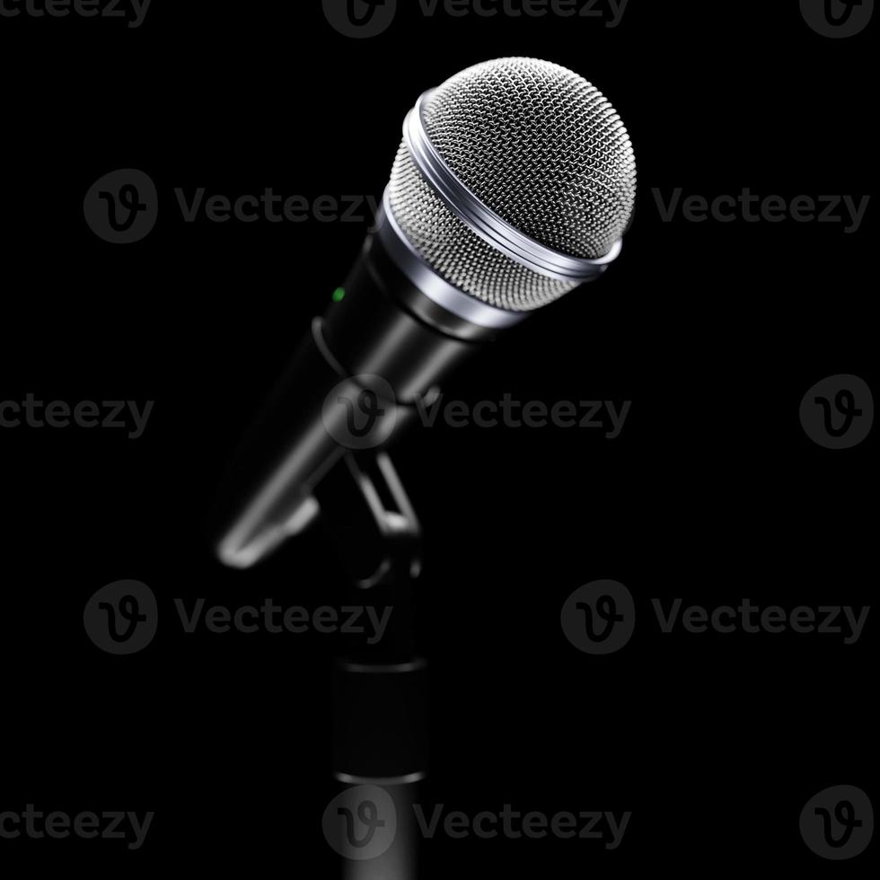 microphone, round shape model o neon background, realistic  3d illustration. music award, karaoke, radio and recording studio sound equipment photo
