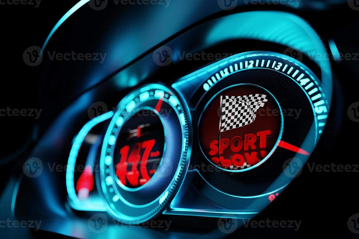 3D illustration of new car interior details. The speedometer shows the maximum speed of 147 km h, the tachometer with red backlight, the navigator shows the way photo