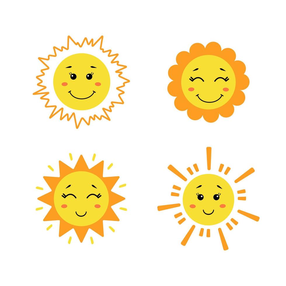 Set of cute hand drawn sun. Yellow funny suns with different emotions isolated on white background. Vector childish illustration in flat cartoon style