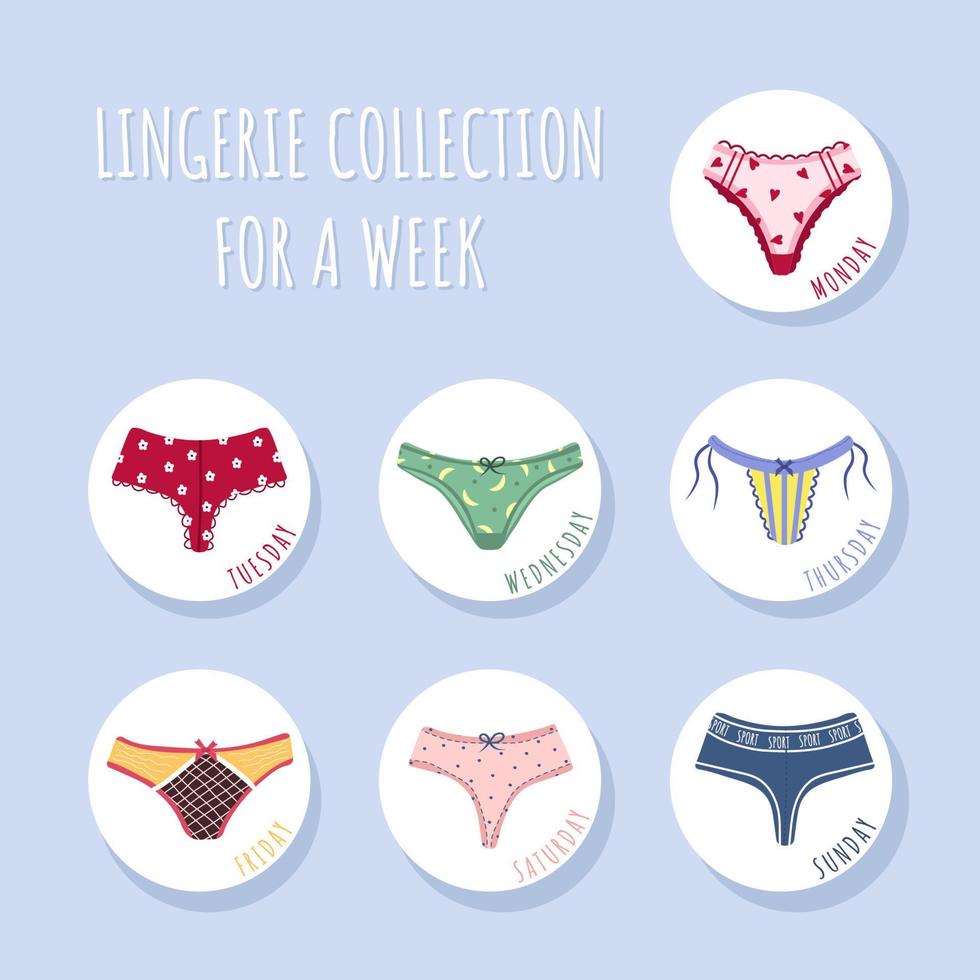 Modern female panties collection for week. Cute colorful weekly knickers with bows and lace. Trendy undergarments. Vintage vector illustration in flat cartoon style. Suitable for logo, icon, banner