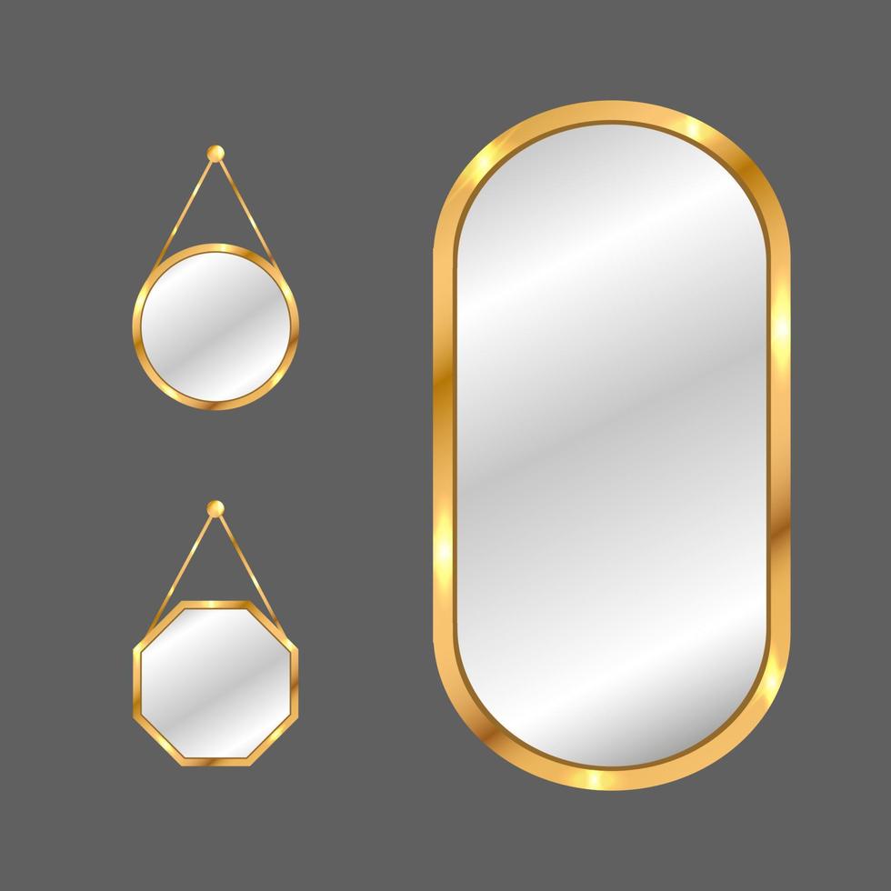 Hanging mirrors set. Circle and square mirrors with golden frame. vector