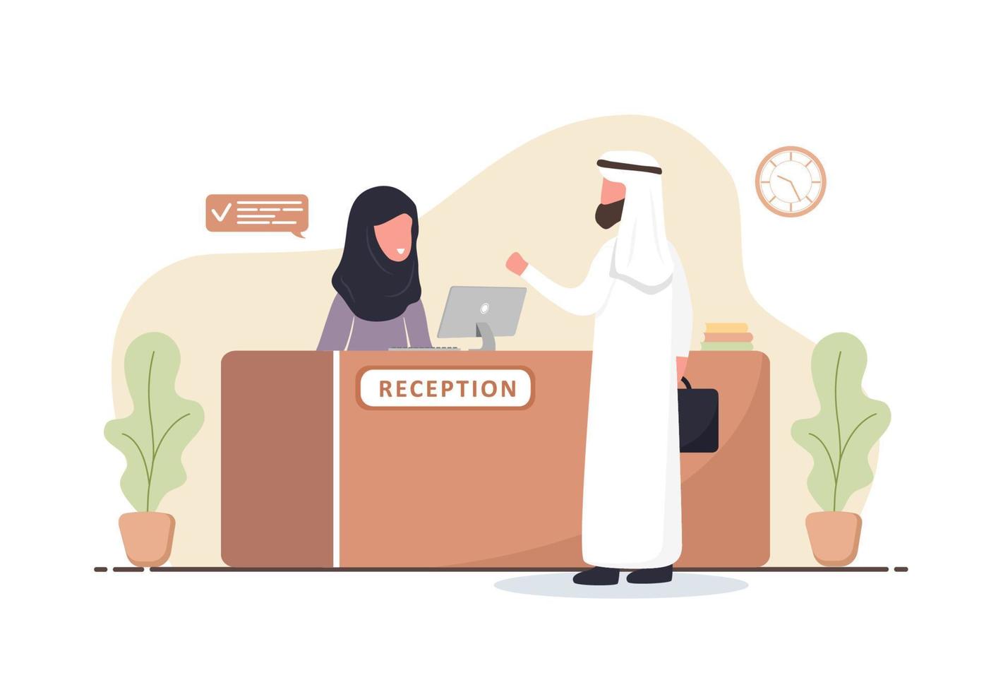 Reception interior. Arabic woman receptionist in hijab. Arab man at reception desk. Hotel booking, clinic, airport registration, bank or office reception concept. Cartoon flat vector illustration.