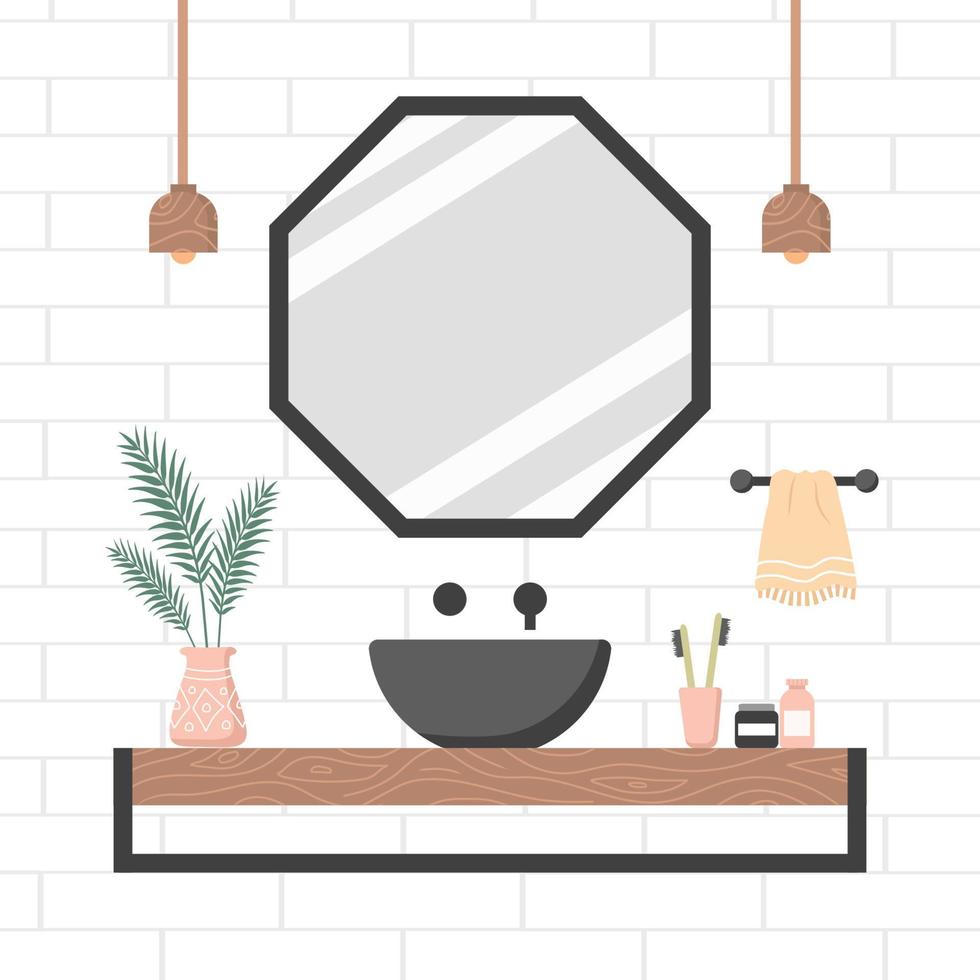 Modern bathroom interior in scandinavian style. Cozy contemporary white room with mirror and black sink on a wooden shelf. vector