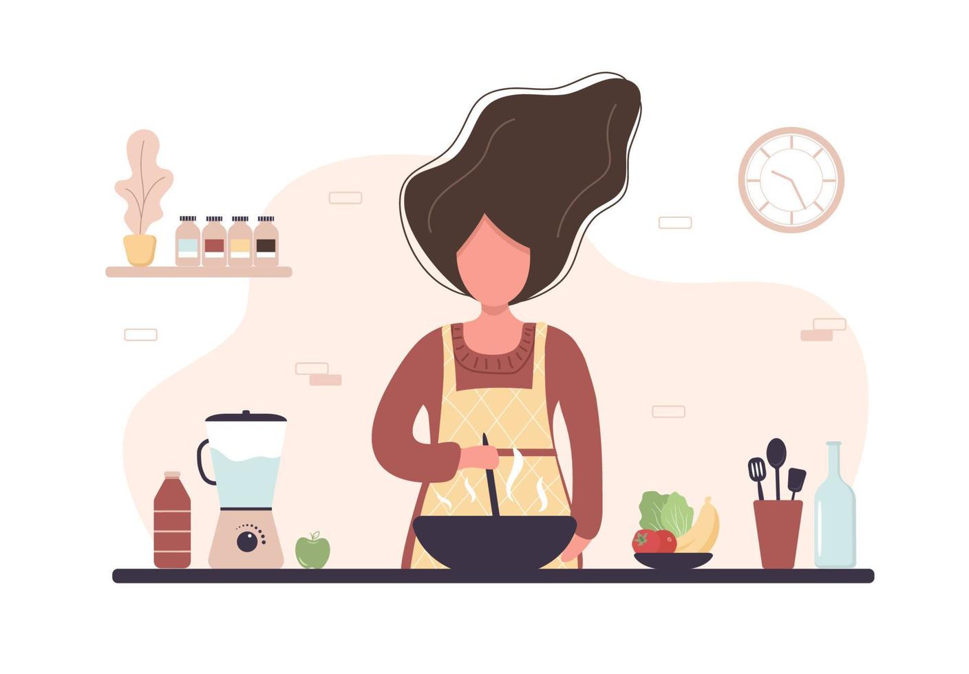Woman cooking in kitchen. Girl preparing homemade meals for lunch or dinner. Preparation homemade pastry or baking. Flat cartoon vector illustration.