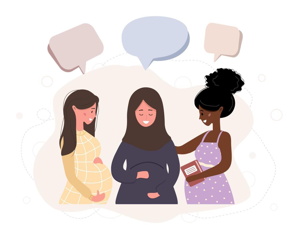 Pregnant girl talk to each other. Business women discuss social network, chat with dialog speech bubbles, debate working moments. Modern vector illustration in flat style.