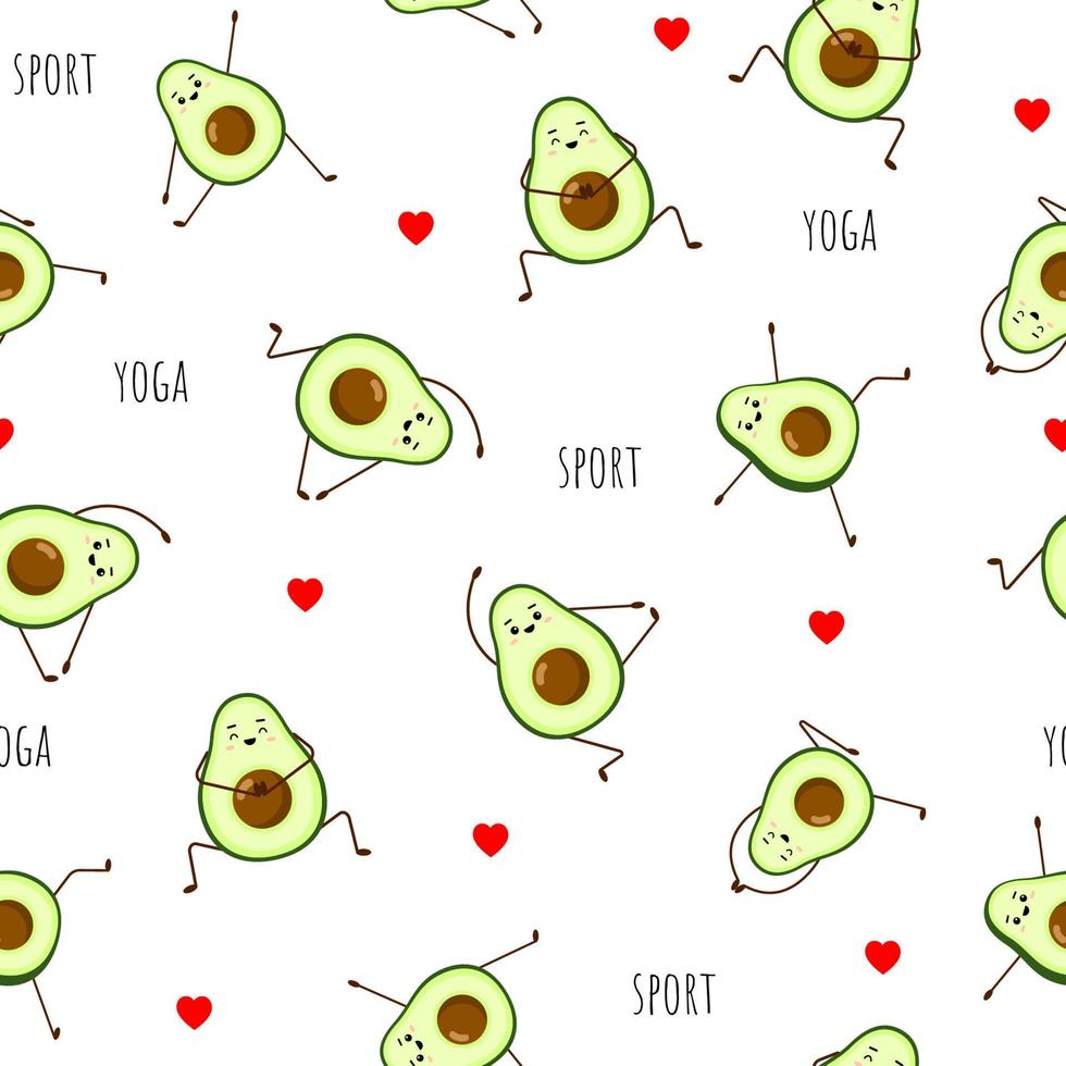 Seamless pattern of Avocado yoga. Avocado character design on white background. Yoga for pregnant women. Cute illustration for greeting cards, stickers, fabric, websites and prints. vector