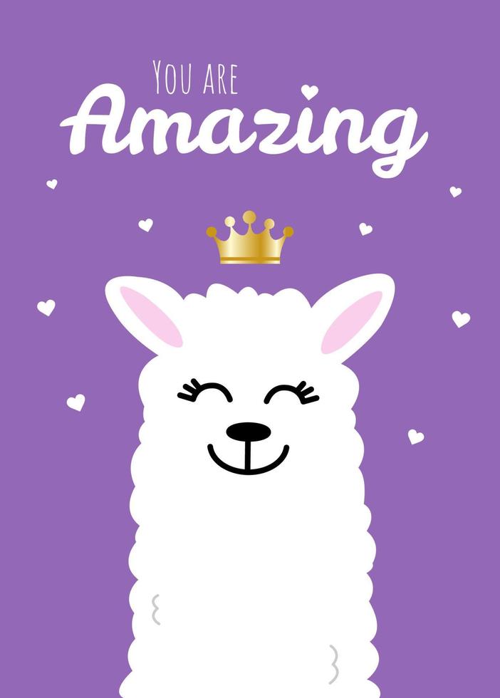 Cute loving white llama on purple background. Postcard or poster design. vector