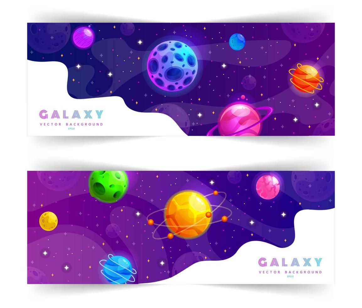 Set of web banners templates with abstract shape and stars. Cosmos, universe and sky. Space explore. Children cartoon vector illustration of galaxy. Concept of web background.