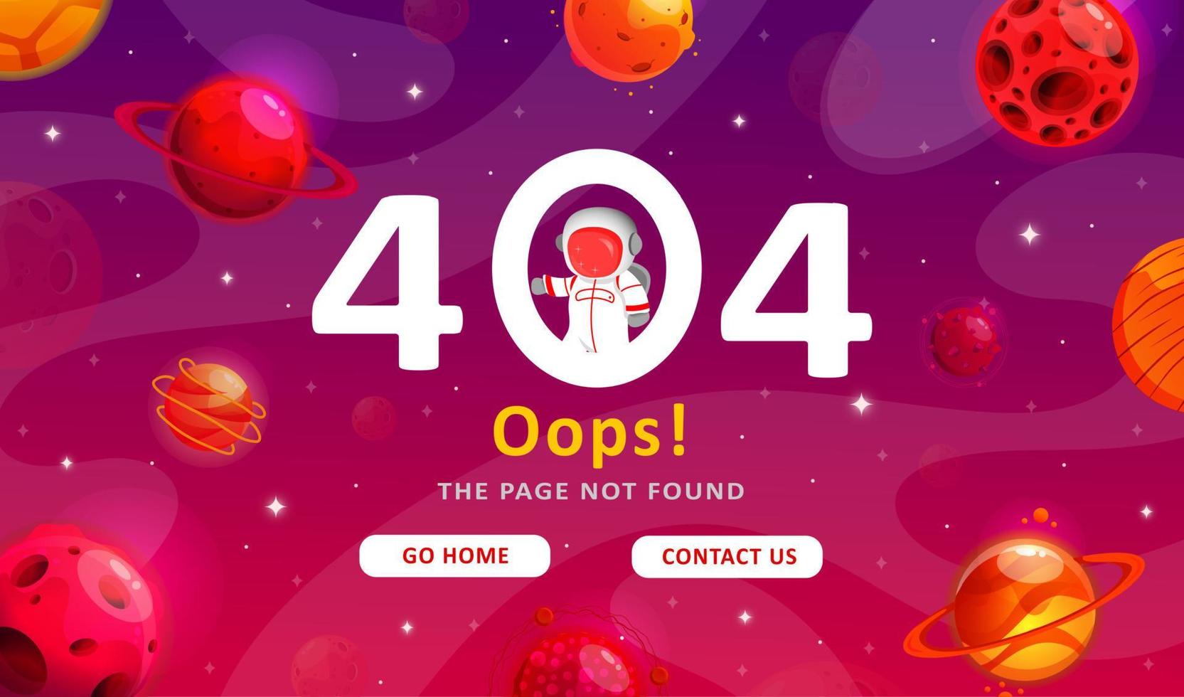 Error 404, page not found. Space exploration modern background. Cute gradient template with planets and stars for poster, banner or website page. vector