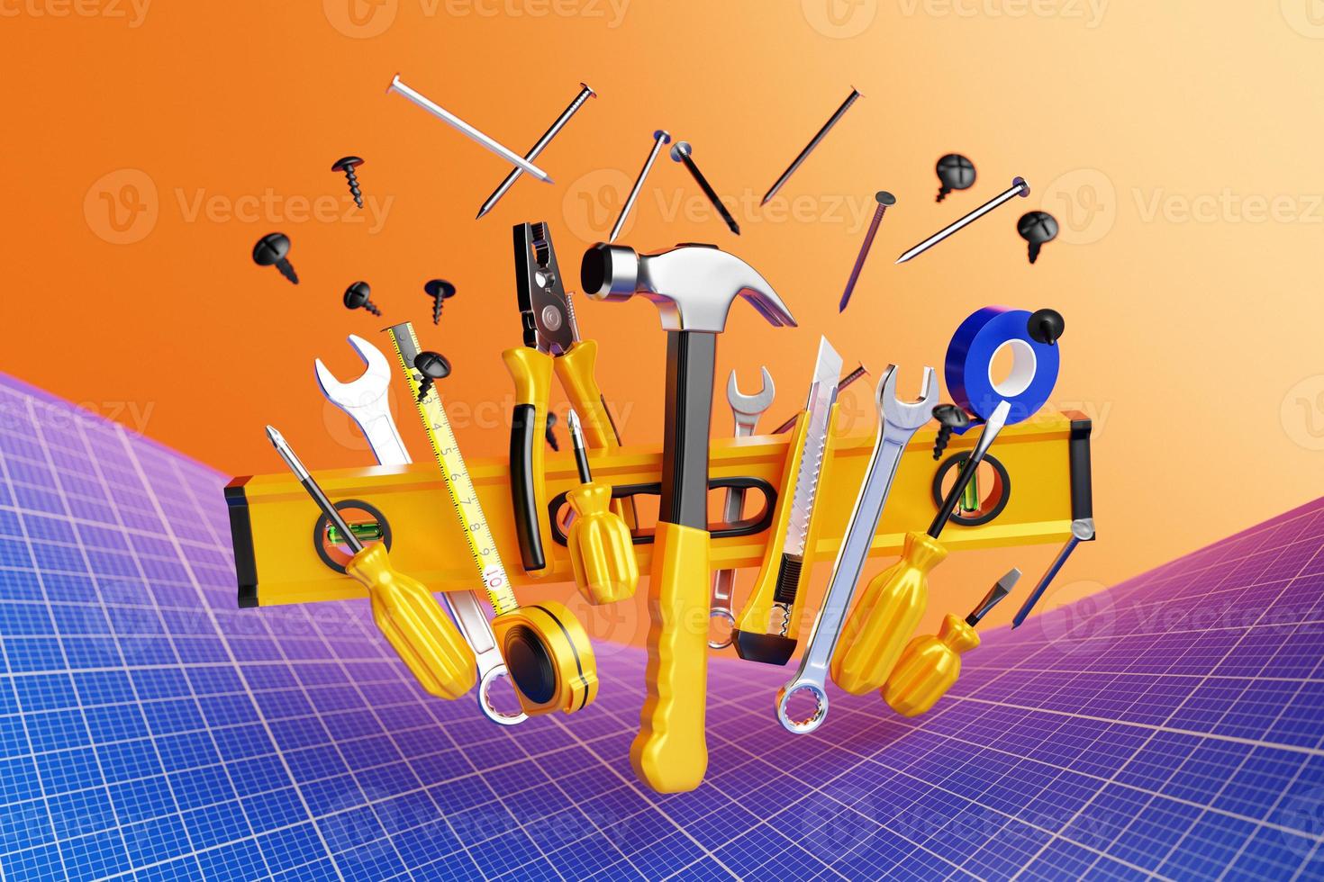 3D illustration of a metal hammer, screwdrivers, pliers, level, tape measure, electrical tape, cutter with yellow handles, nails photo