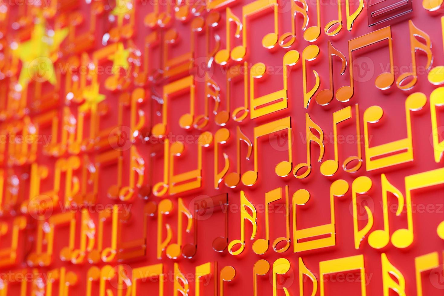 Musical notes lined up in even rows against the backdrop of the National Flag of   China . The concept of the national anthem, music. 3D illustration photo