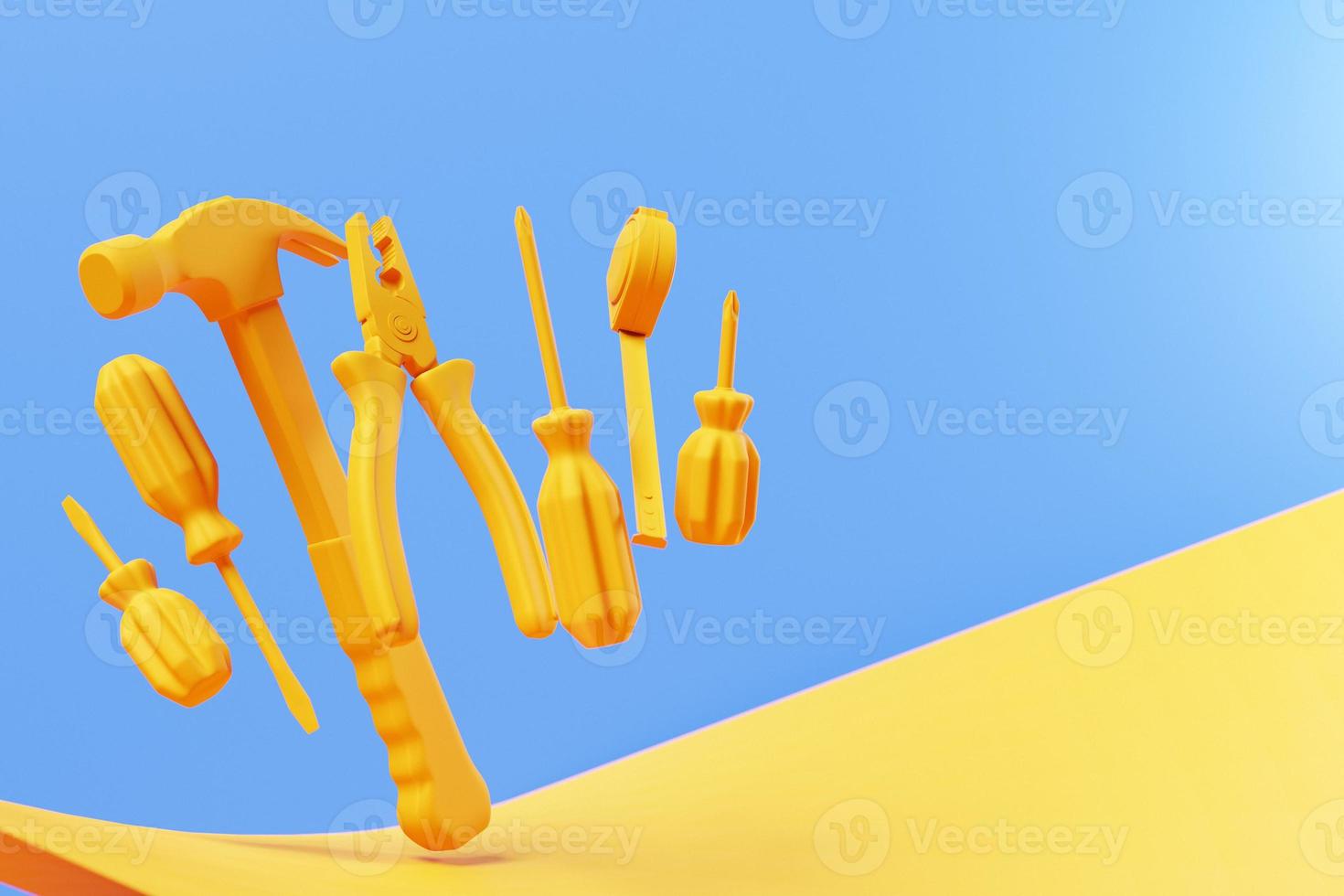 3D illustration yellow hand tools screwdriver, hammer, pliers, screws, etc. for handmade. Various working tools. Construction, construction, renovation concept. photo