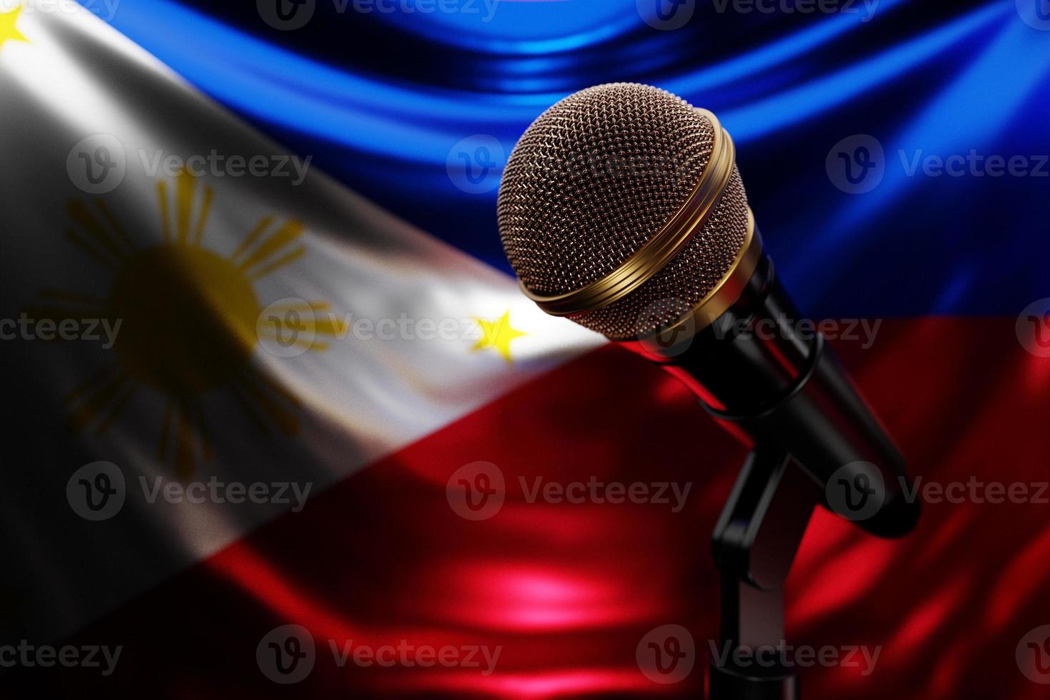 Microphone on the background of the National Flag of Philippines, realistic 3d illustration. music award, karaoke, radio and recording studio sound equipment photo