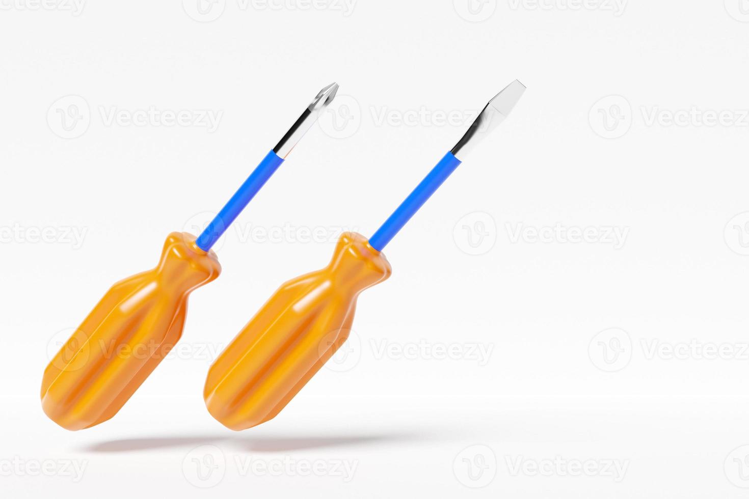 3D illustration of a screwdriver with a yellow handle in cartoon style on a white isolated background. Hand carpentry tool for DIY shop. photo
