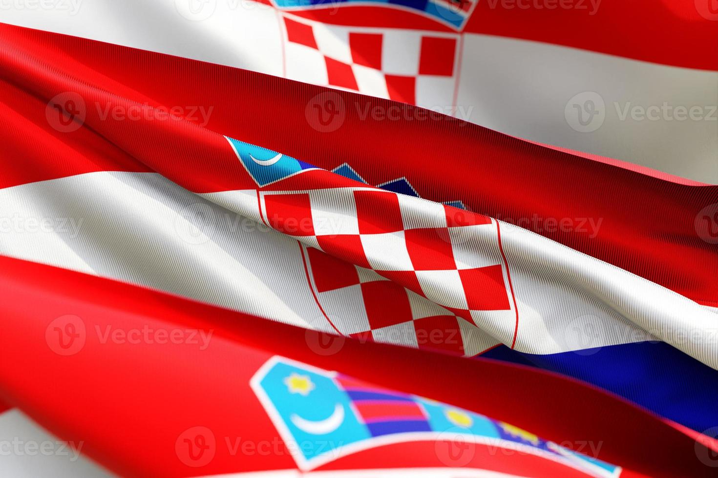The national flag of Croatia from textiles close up in three versions, soft focus photo