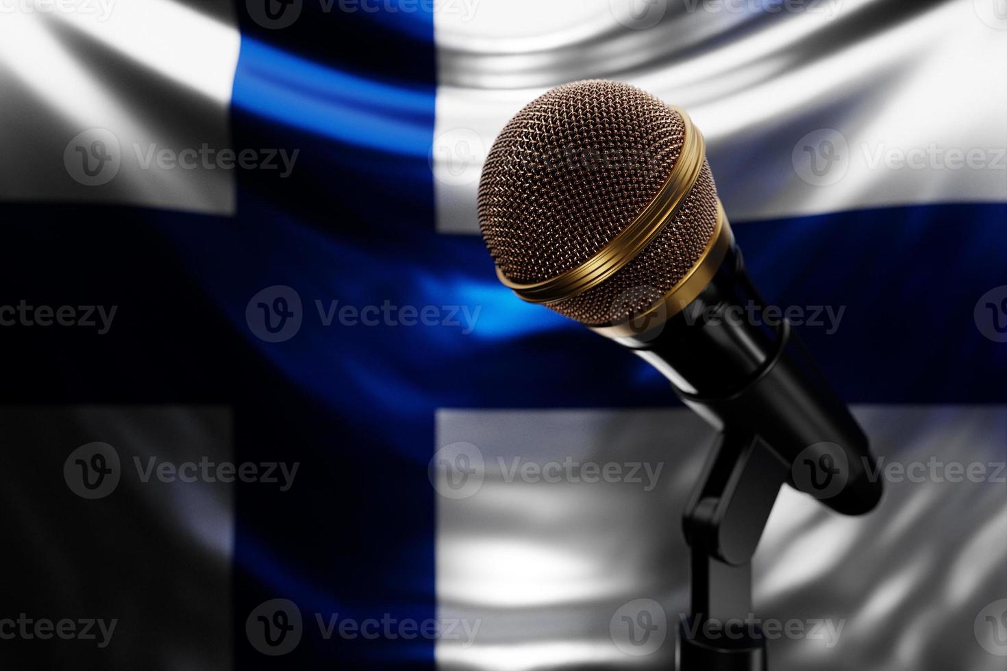 Microphone on the background of the National Flag of Finland, realistic 3d illustration. music award, karaoke, radio and recording studio sound equipment photo