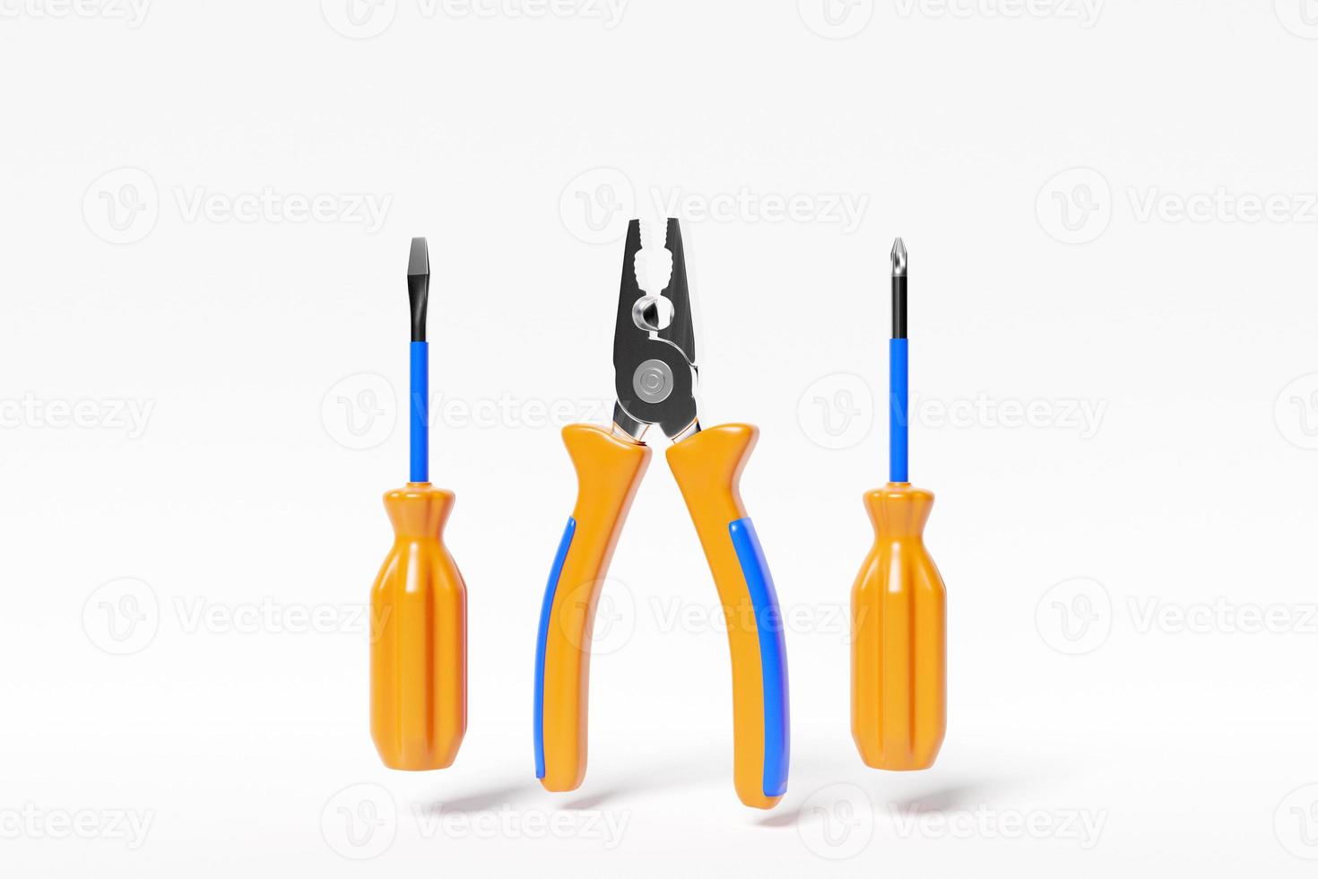 3D illustration yellow pliers  and  screwdrivers hand tool isolated on white background. 3D render and illustration of repair and installation tool photo
