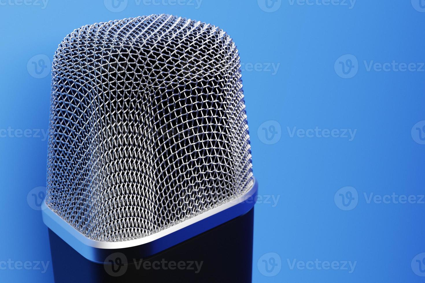 3d illustration close up of a metal microphone on a blue background photo