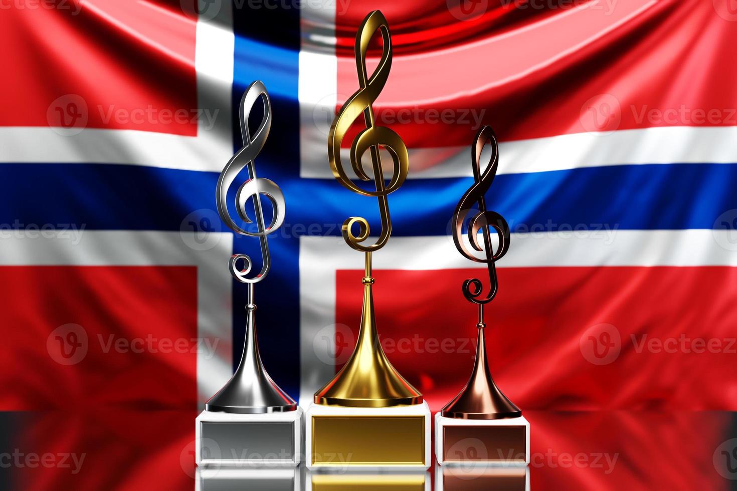 premios treble clef por ganar el premio de música en el contexto de la bandera nacional de noruega, ilustración 3d. foto