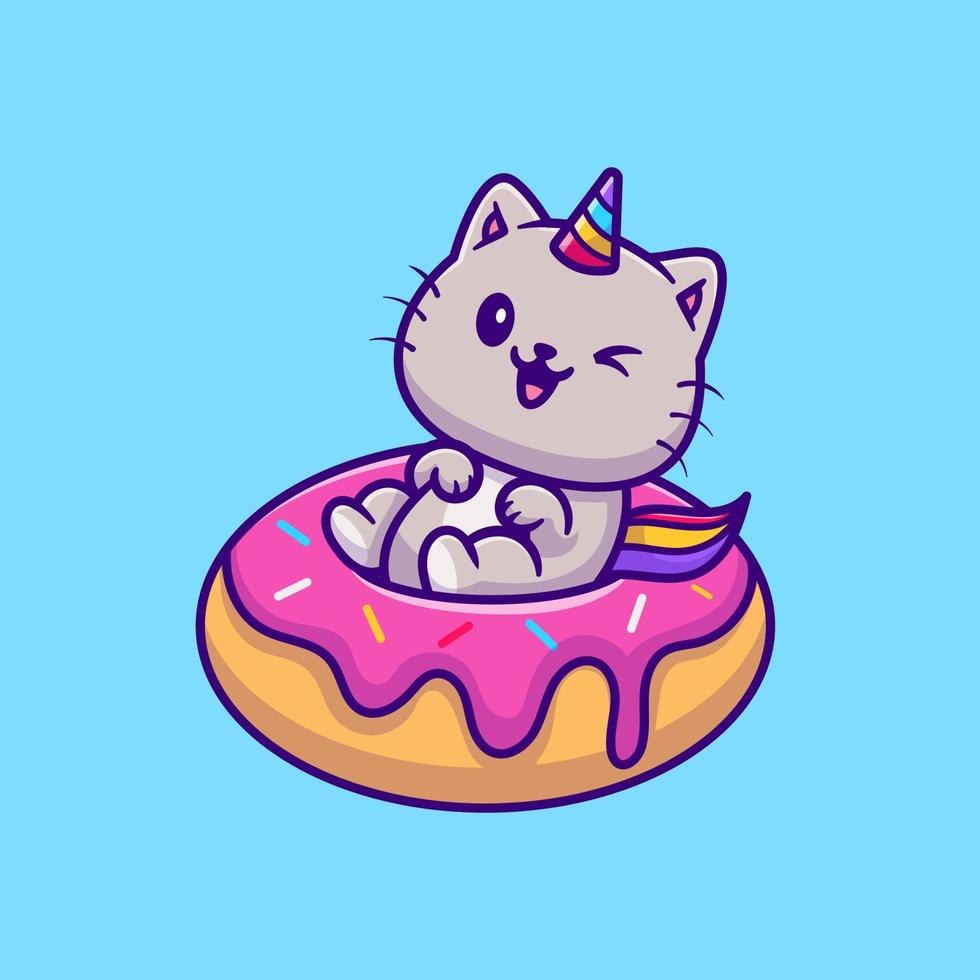 gato unicornio con ilustración de icono de vector de dibujos animados de donut. concepto de icono de comida animal vector premium aislado. estilo de dibujos animados plana