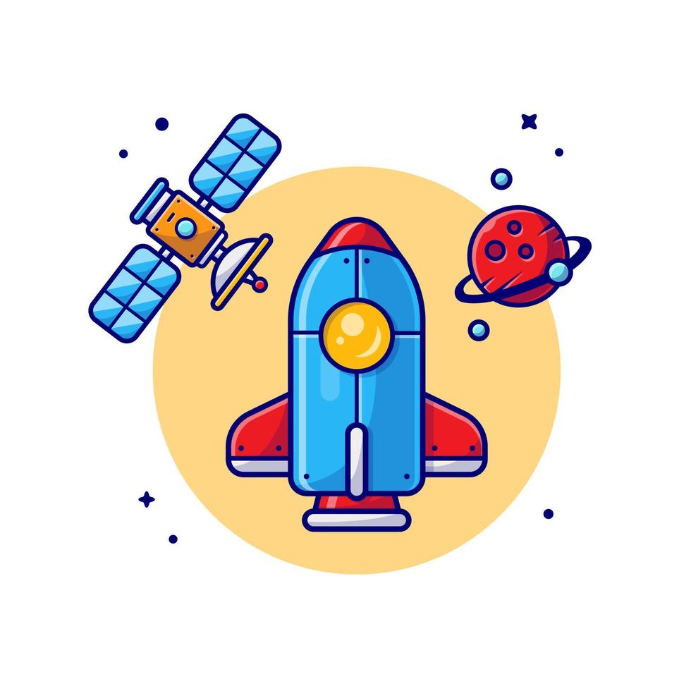 Space Shuttle Flying with Planet and Satellite Space Cartoon  Vector Icon Illustration. Science Technology Icon Concept  Isolated Premium Vector. Flat Cartoon Style