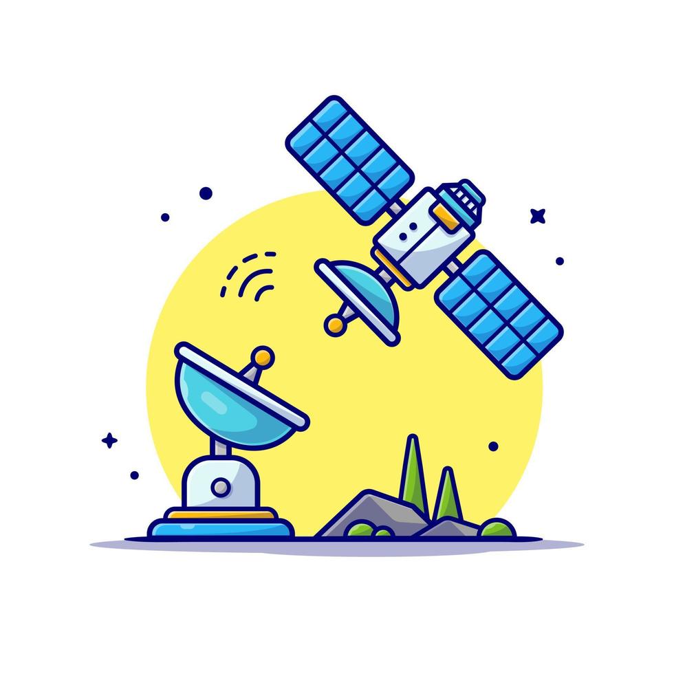 Flying Satellite with Antenna Space Cartoon Vector Icon  Illustration. Science Technology Icon Concept Isolated  Premium Vector. Flat Cartoon Style