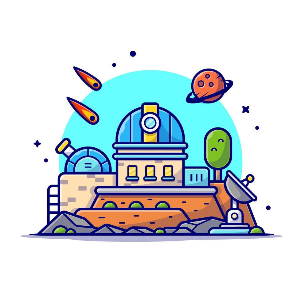 Astronomical Observatory Telescope with Planet and  Meteorite Space Cartoon Vector Icon Illustration. Science  Technology Icon Concept Isolated Premium Vector. Flat  Cartoon Style
