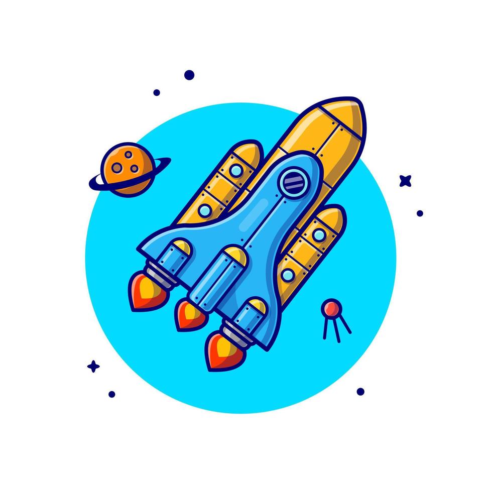 transbordador espacial volando con ilustración de icono de vector de dibujos animados de planeta y satélite. ciencia tecnología icono concepto aislado vector premium. estilo de dibujos animados plana