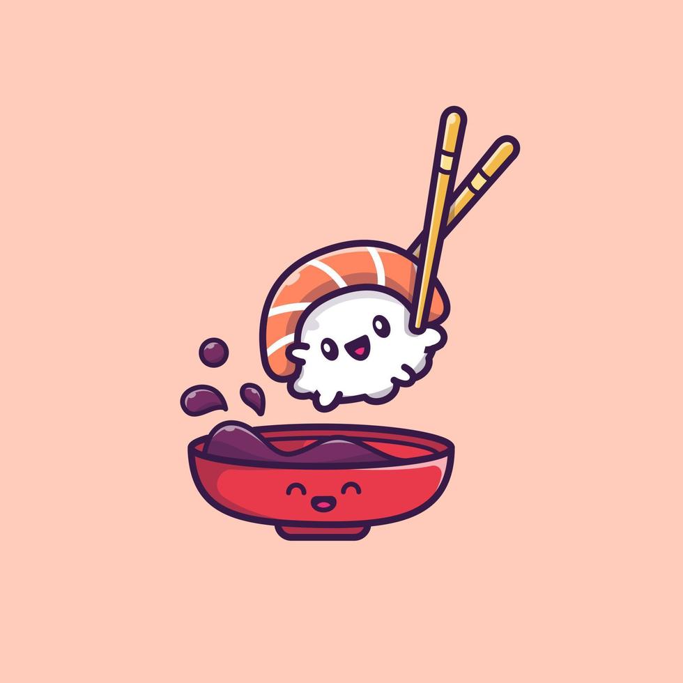 lindo sushi con ilustración de icono de vector de dibujos animados de salsa de soja. concepto de icono de comida de sushi vector premium aislado. estilo de dibujos animados plana