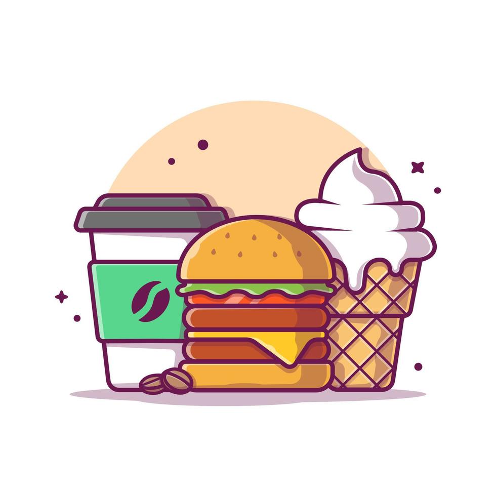 hamburguesa con taza de café y helado ilustración de icono de vector de dibujos animados. concepto de icono de objeto de comida vector premium aislado. estilo de dibujos animados plana