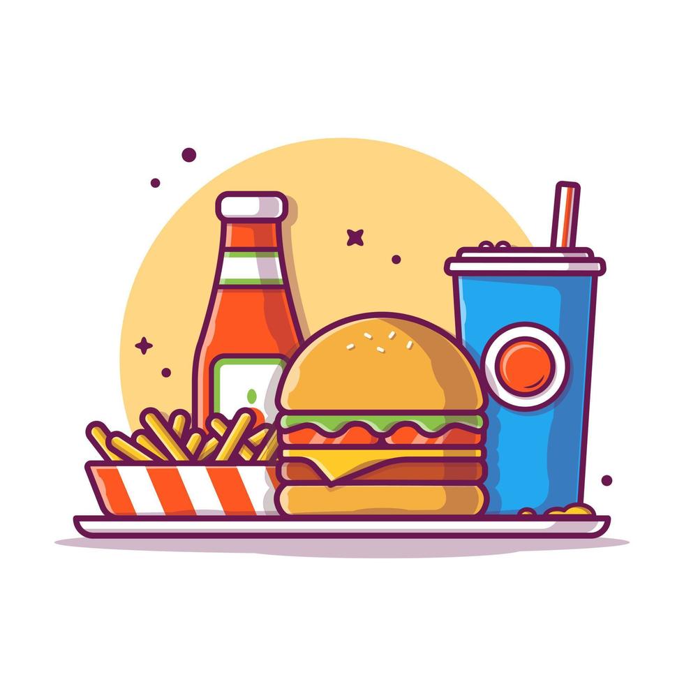 hamburguesa con papas fritas y soda ilustración de icono de vector de dibujos animados. concepto de icono de objeto de comida vector premium aislado. estilo de dibujos animados plana