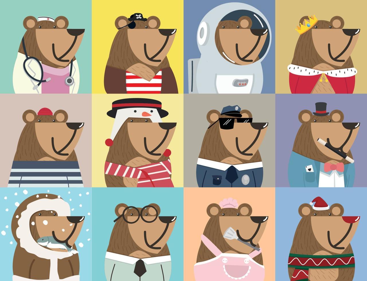 Cute bear doodle character set vector