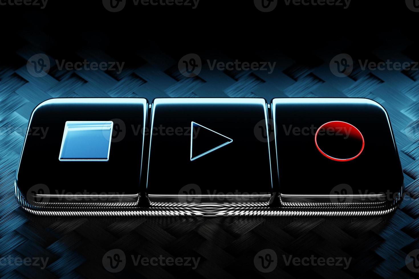 3d illustration of music switch button start, stop  and record song on black isolated background photo