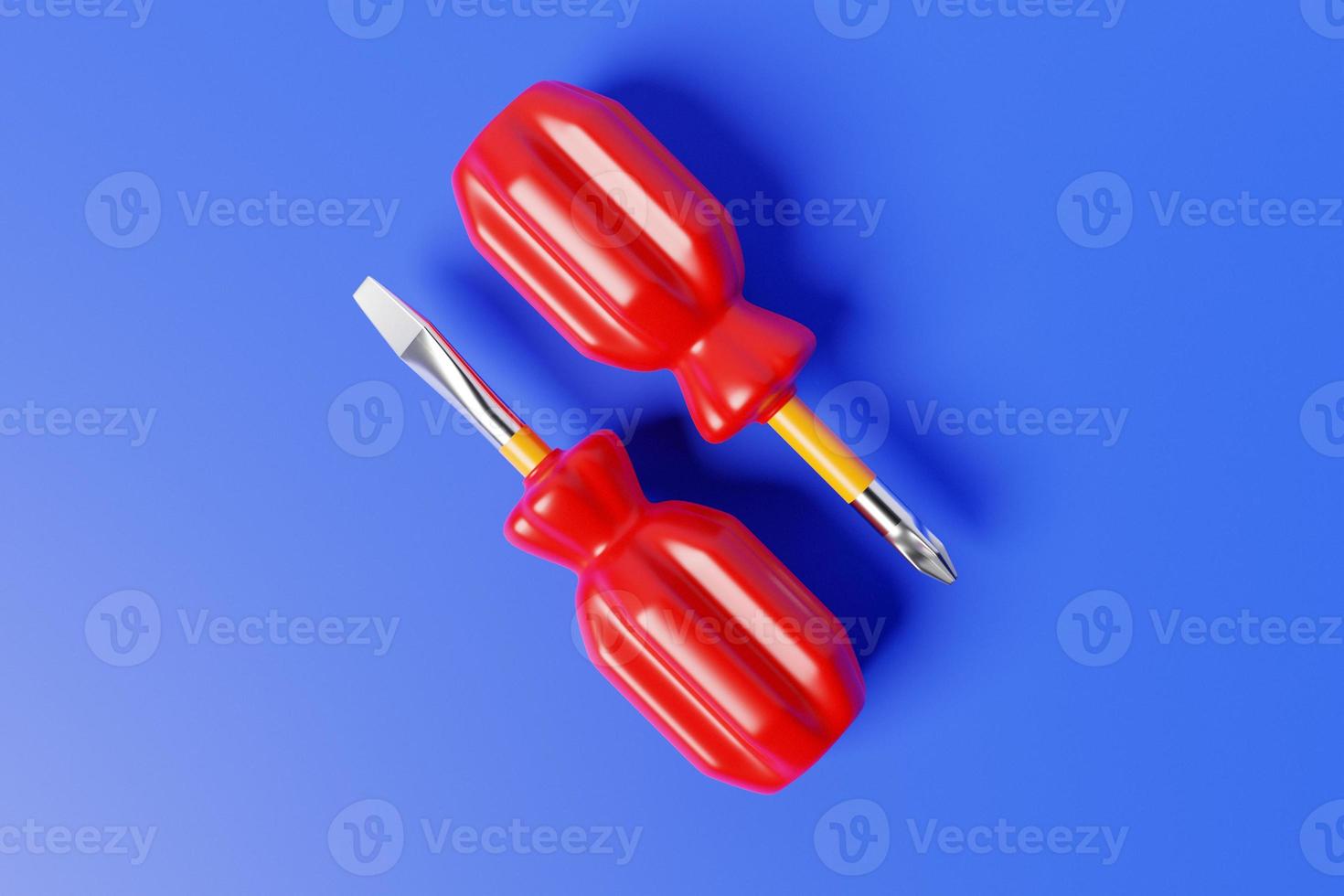 3D illustration of a screwdriver with a red handle in cartoon style on a blue isolated background. Hand carpentry tool for DIY shop. photo
