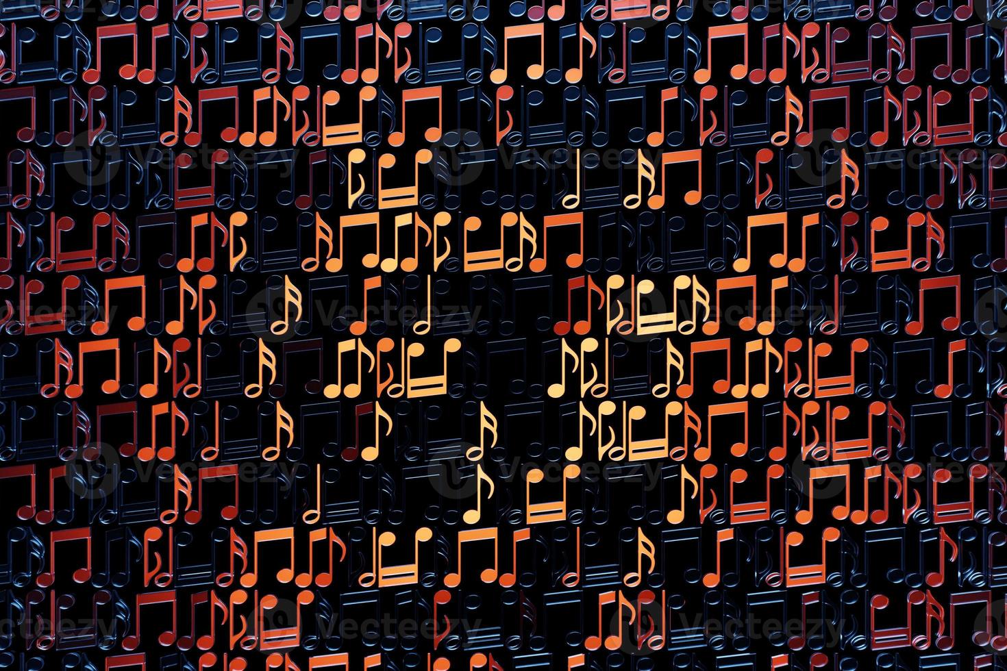 Black music sheet background with orange drawn notes. Simple cartoon design. 3D illustration photo