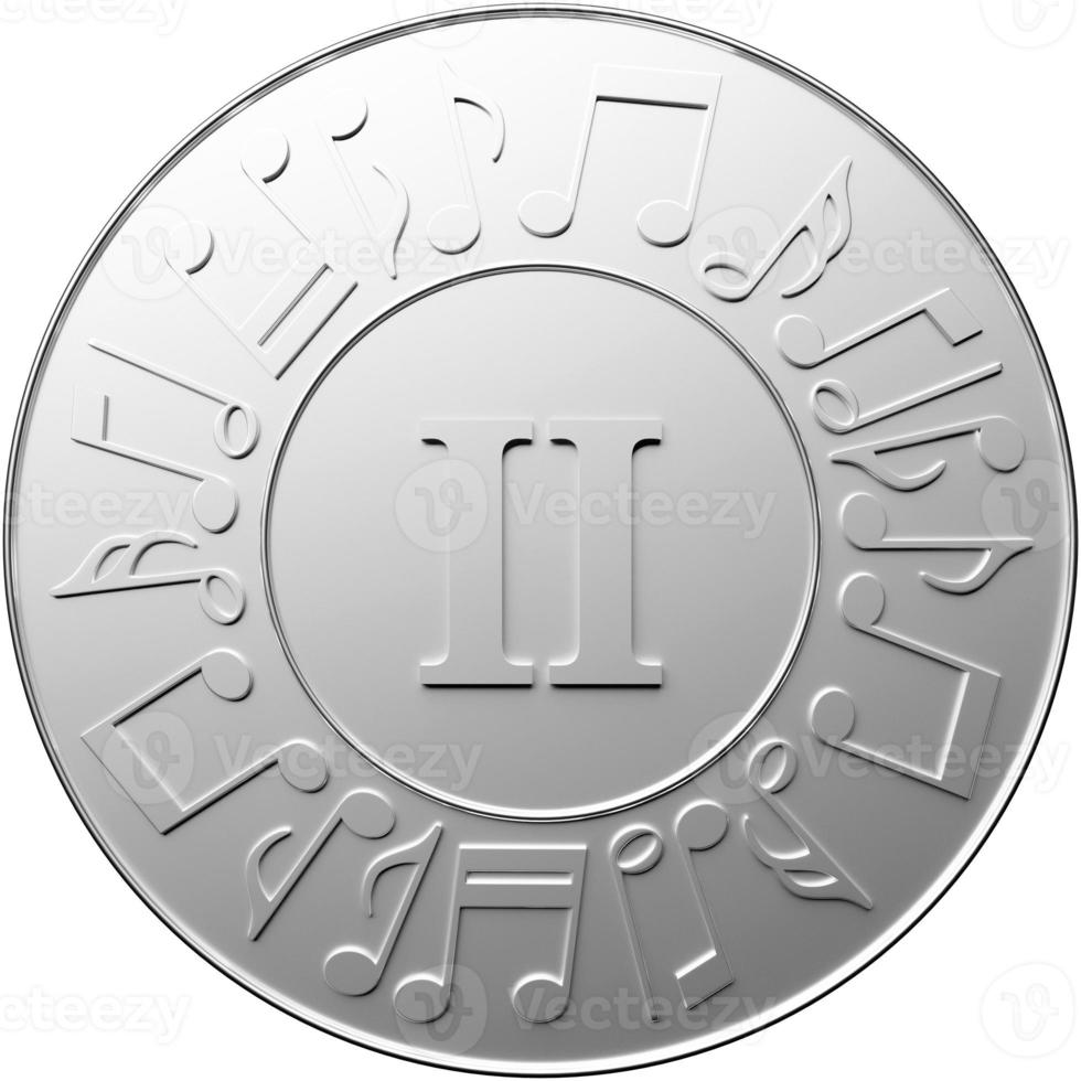 Silver music medal with treble clef for second place isolated on white background, 3d illustration photo