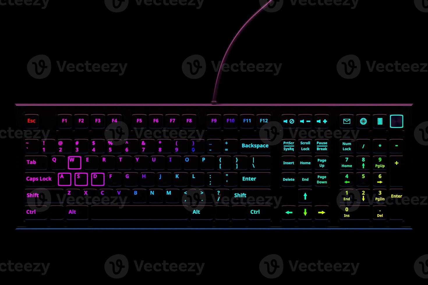 Computer RGB  keyboard  on black background. 3D rendering of streaming gear and gamer workspace concept photo