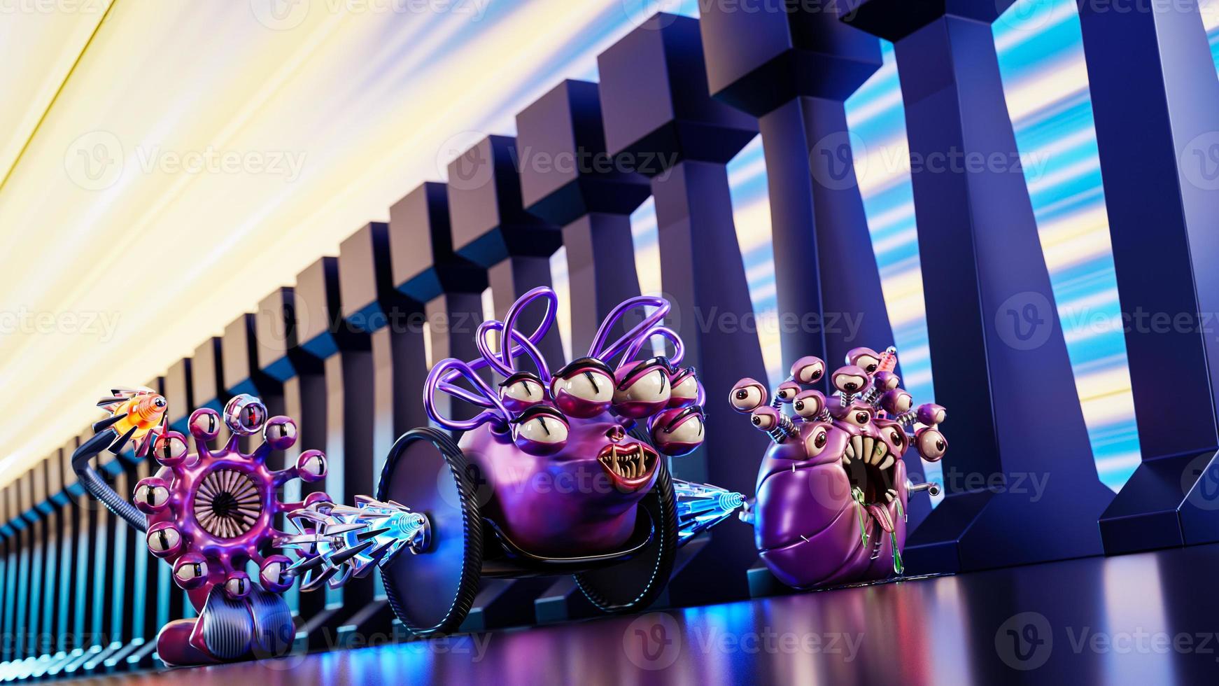 Evil pink cartoon monsters with a huge number of eyes, a sight, a dangerous sting run along a fantasy corridor. 3d illustration photo