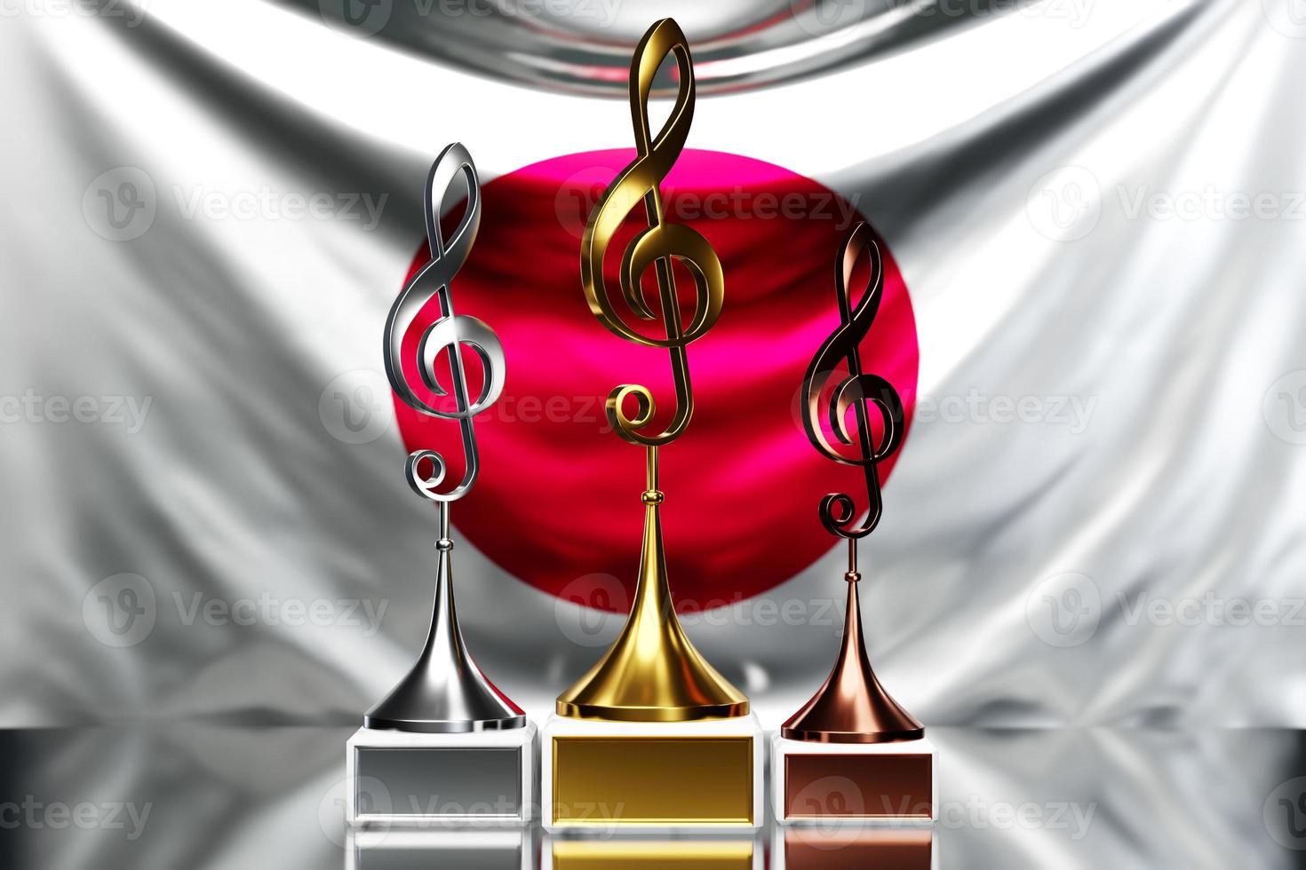 Treble clef awards for winning the music award against the background of the national flag of Japan, 3d illustration. photo