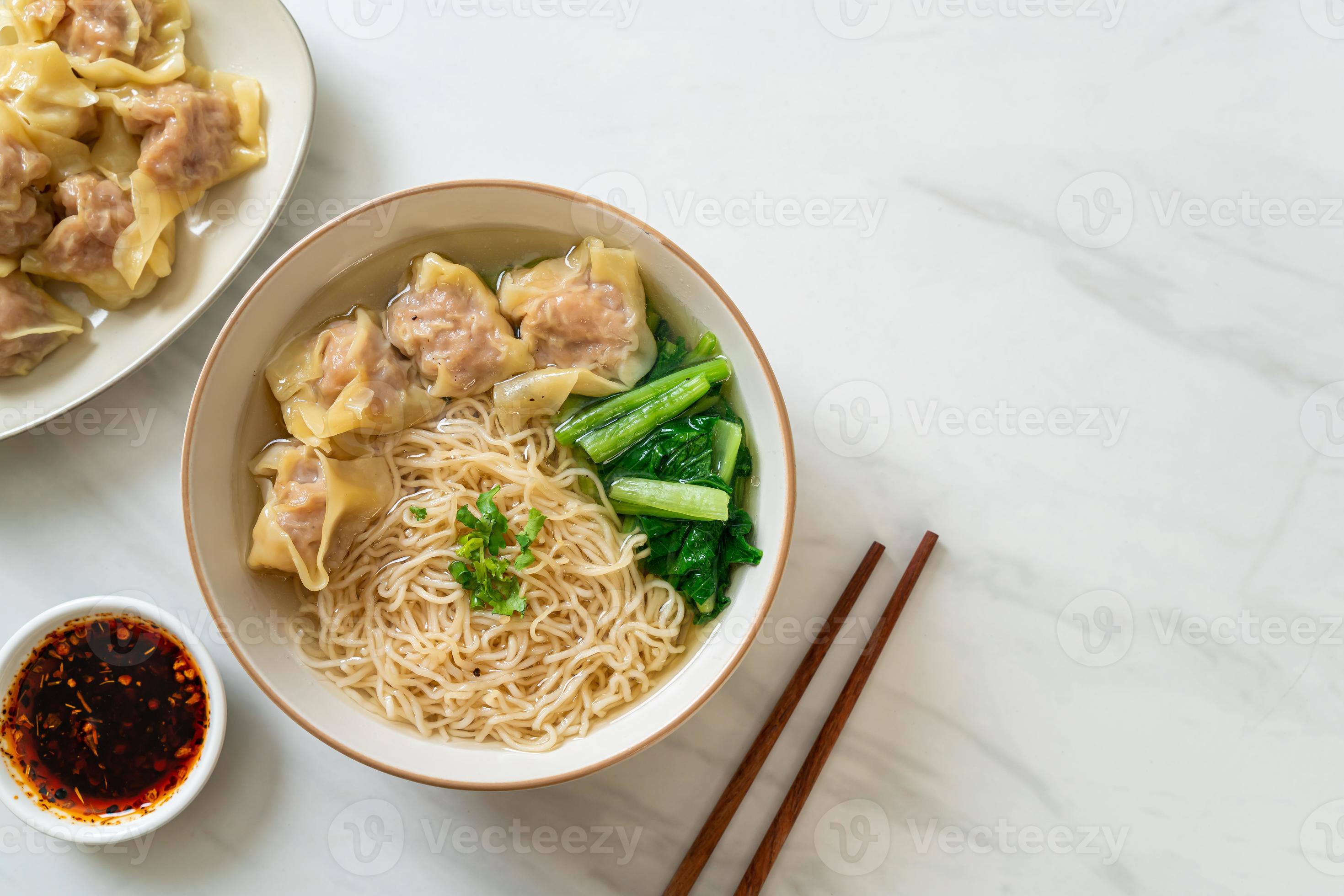 egg noodles with pork wonton soup or pork dumplings soup and vegetable