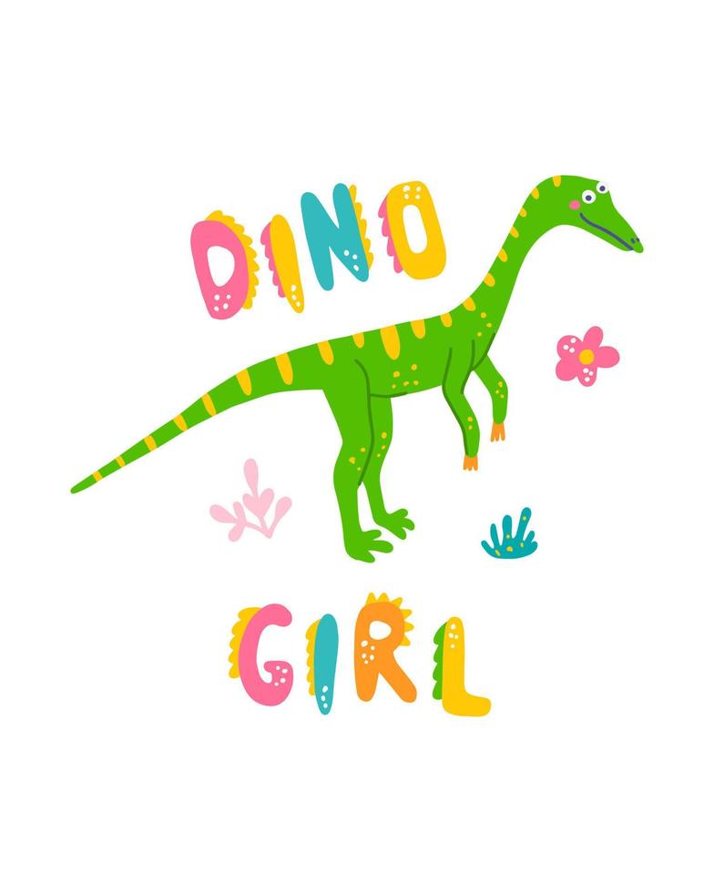 Cute dinosaur baby print. Compsognathus in flat hand drawn style with hand lettered Dino Girl. Design for the design of postcards, posters, invitations and textiles vector