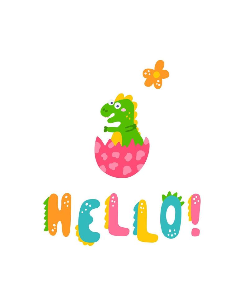 Cute dinosaur baby print. Little dino in flat hand drawn style with hand lettered Hello. Design for the design of postcards, posters, invitations and textiles vector