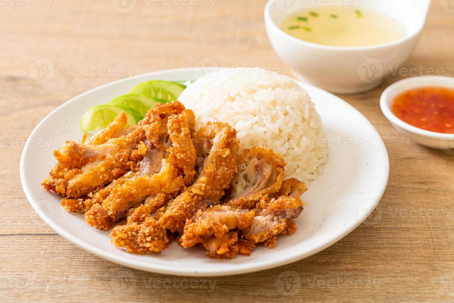 Hainanese chicken rice with fried chicken photo