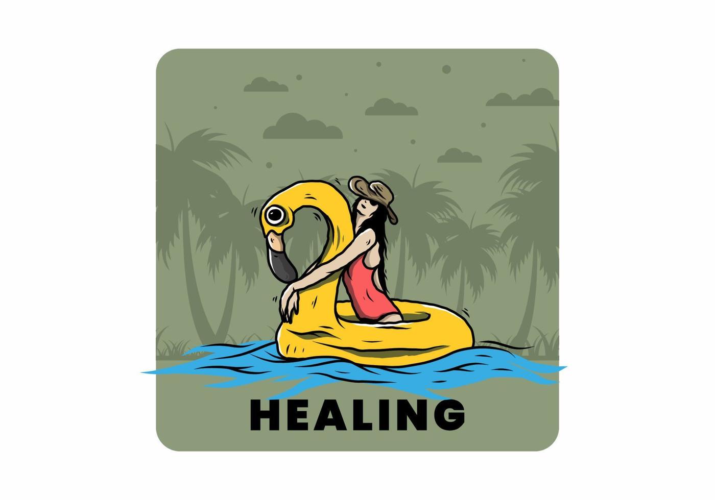 Girl wearing beach hat in an inflatable lifebuoy Flamingo illustration vector