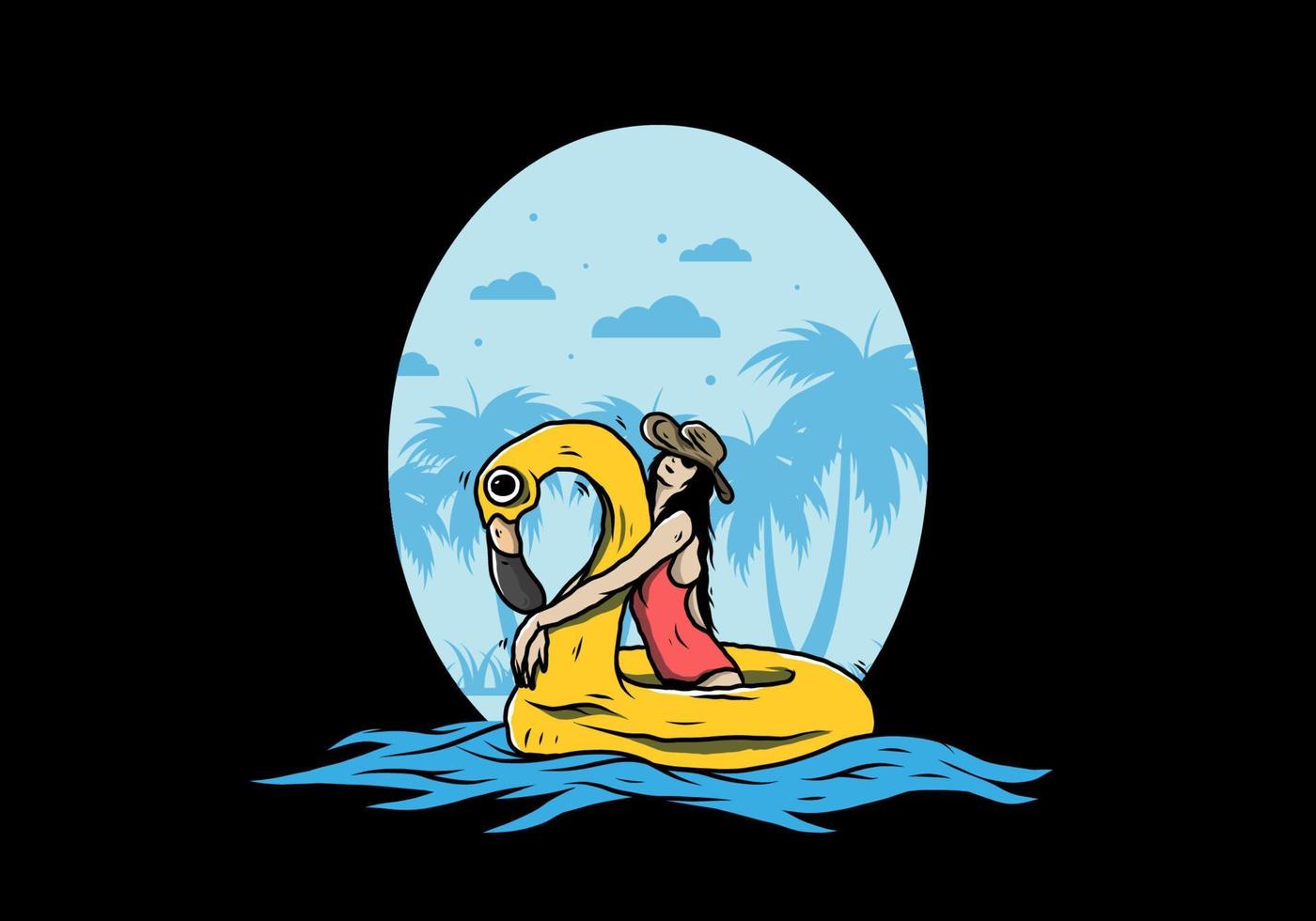Girl wearing beach hat in an inflatable lifebuoy Flamingo illustration vector