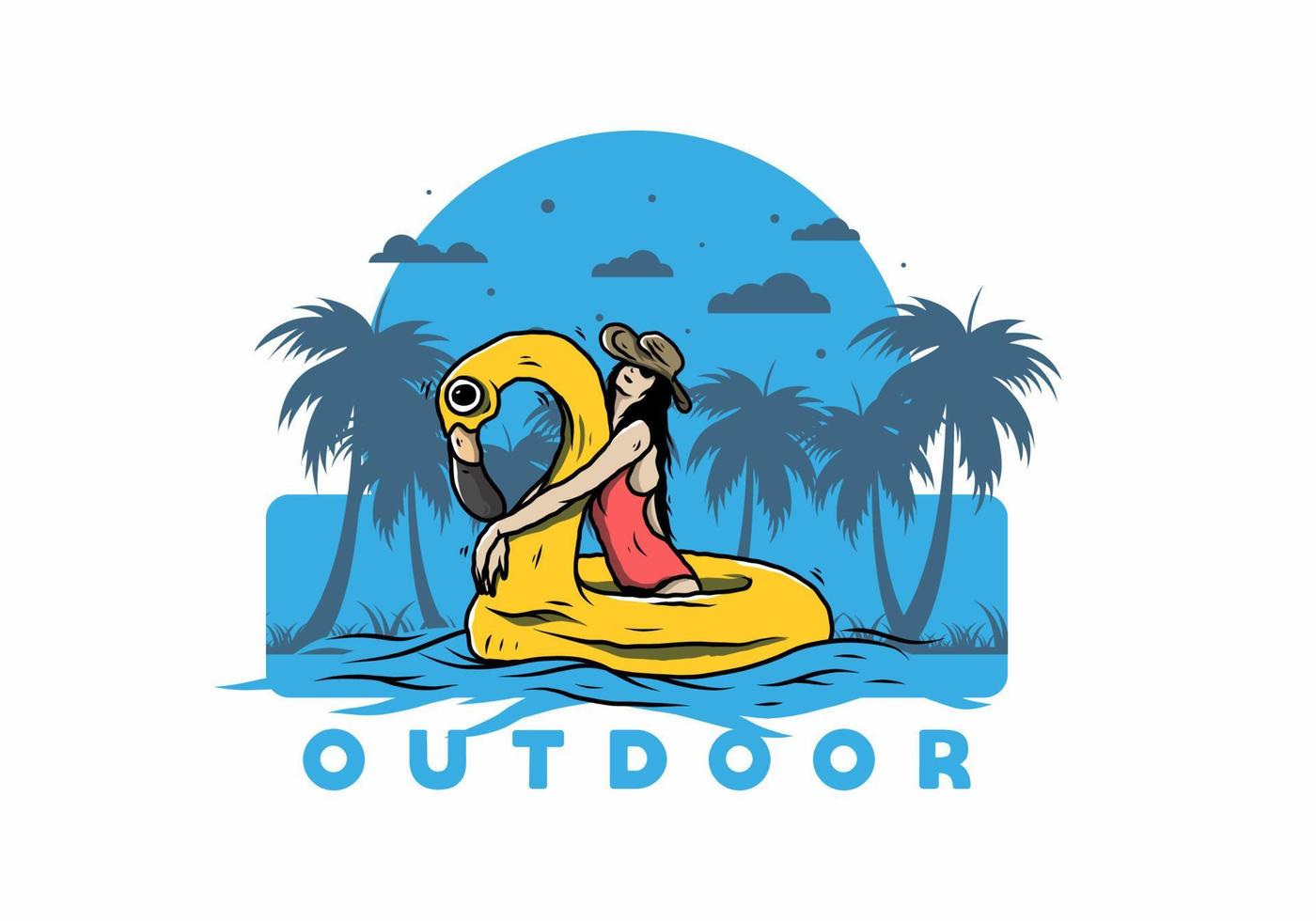Girl wearing beach hat in an inflatable lifebuoy Flamingo illustration vector