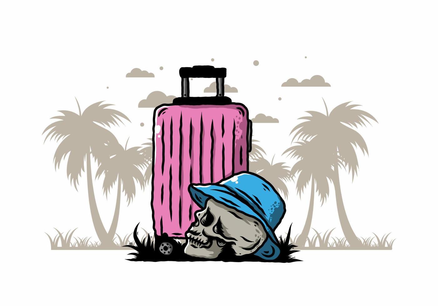 skull head wearing a hat under a traveling suitcase illustration vector