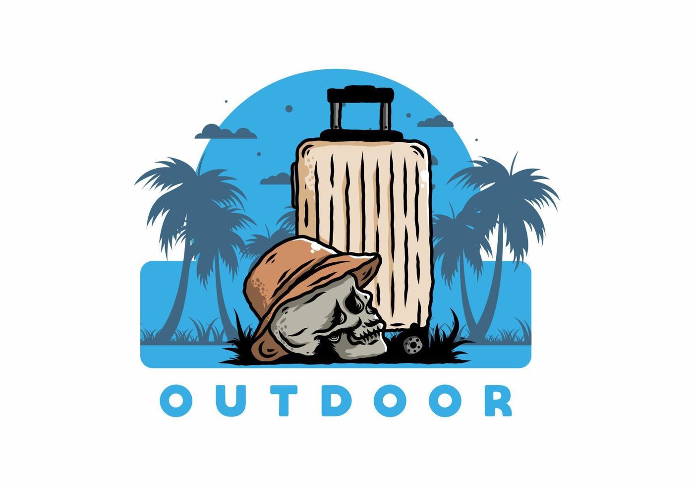 skull head wearing a hat under a traveling suitcase illustration vector