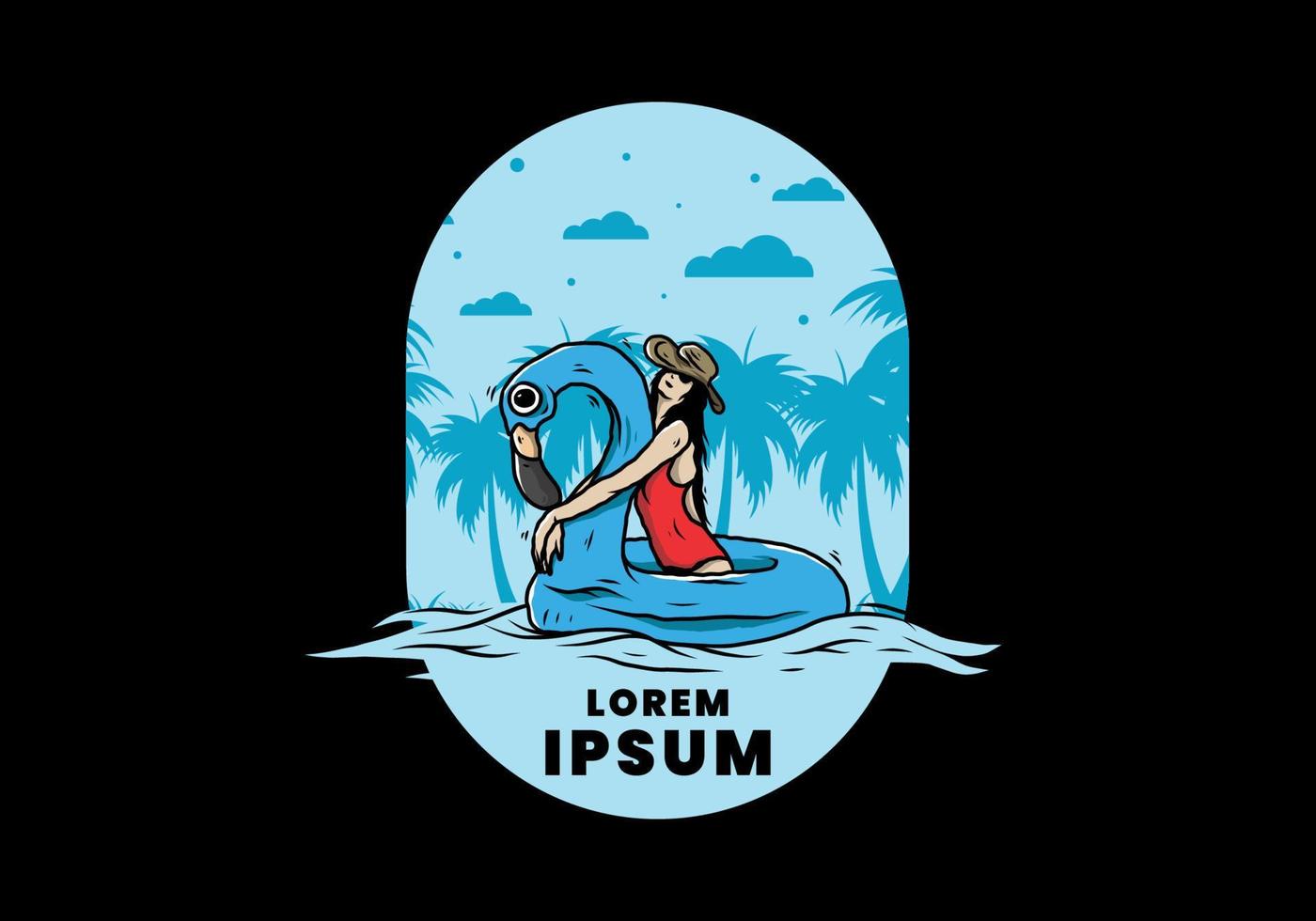 Girl wearing beach hat in an inflatable lifebuoy Flamingo illustration vector